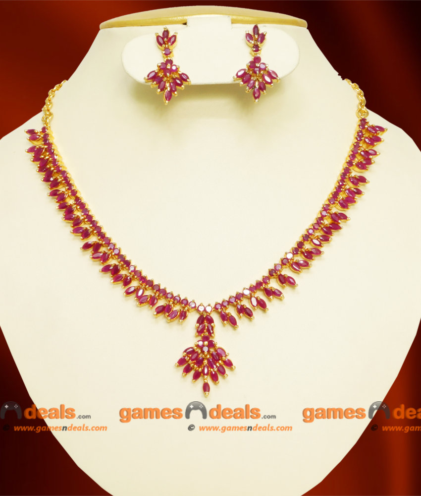 NCKN063 Semi Precious Ruby Necklace Flower Design with Stone Work Ear Rings Online